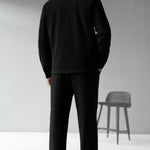 KZZ Men's Solid Color Pocket Jacket and Belt Waist Pants Sport Suit Regular Version Mature Business Style
