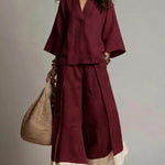 Pink V-neck Shirt And Color-blocked Wide-leg Pants Suit