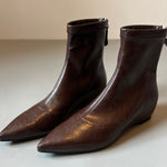 Pointed-toe soft leather stretch boots with back zipper wedge boots