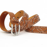 Distressed dark gold cracked PU leather rivet belt