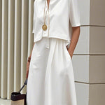 False Two Half Sleeves Buttoned Solid Color Lapel Midi Dresses Shirt Dress