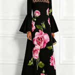 Flared Sleeves Long Sleeves Contrast Color Flower Print Hollow Print Split-Joint Round-Neck Maxi Dresses