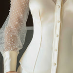 Pearl-Embellished Sheer Sleeve Structured Blouse