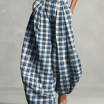 Women's Bold Cotton Blue & White Plaid Turtleneck Cropped Top & Lantern Wide-Leg Pants Set
