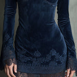 Embroidery Bell Sleeves Velvet Dress With Lace Trim