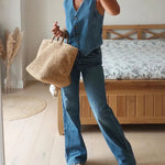 Sleeveless Denim Vest V Neck Button Down Waistcoat Jacket