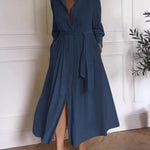 A-Line Long Sleeves Buttoned Pleated Pockets Solid Color Tied Waist V-Neck Maxi Dresses