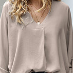 Nadorine V-Neck Long Sleeve Buckle T-Shirt Plain Shirts Shirt Top Elegant Shirts Casual Slim Fit Basic