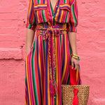 Long Sleeves Loose Split-Joint Striped Lapel Maxi Dresses Shirt Dress