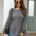Nadorine Crew Neck Long Sleeve Slit Pullover Knit Sweater