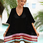 Hollow Out Beach Swimsuit Coverups Oversized Short Sleeve V Neck Loose Knit Bikini Cover Up