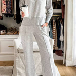 Weather Gets Cold Solid Color V-neck Top and Elastic Waist Pocketed Lounge Pants Set