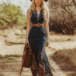 Vintage Bohemian Blue Lace Sleeveless Midi Dress