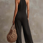 Halter Neck Button-up Sleeveless Knitted Jumpsuit