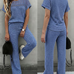 Women's 2 Piece Knit Set Lace Patchwork Short Sleeve Top and Wide Leg Pants Casual Ribbed Brushed Lounge Set