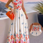 Women's Floral Butterfly Placement Print Cami Dress Shirred Back Sleeveless Vacation Sundress Casual Beach Maxi Dress