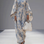 Women's Elegant Blended Printed Bell Sleeve High Waist Maxi Dress