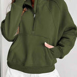 Green Zip Up Stand Collar Ribbed Thumbhole Sleeve Sweatshirt