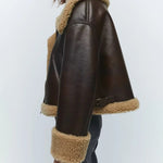 Insulated Faux Leather Jacket with Lapel Collar and Fur Sleeves