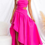 One Shoulder Cut Out High Low Hem Maxi Swing Dress