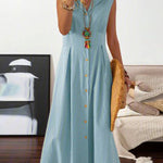 V Neck Lapel Button Down Maxi Dress Sleeveless Casual Beach Long A Line Shirt Sundress