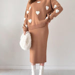 Nadorine Women's Chic Two-piece Set Hearts Knit Pullover and Hip Wrap Skirt