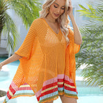 Hollow Out Beach Swimsuit Coverups Oversized Short Sleeve V Neck Loose Knit Bikini Cover Up