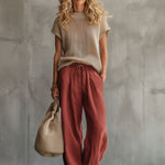 Retro Short-sleeved Knit Top And Brick Red Cotton Linen Wide-leg Pants Set
