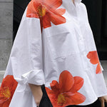 High-Low Long Sleeves Buttoned Flower Print Pockets Split-Side Stand Collar Blouses&Shirts Tops