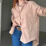 Nadorine Solid Color Street Long Sleeve Back Slit Loose Shirt for Women Casual Work Office Loose Fit 2026 | Under