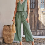 Solid Color Two Piece Outfits Sleeveless Deep V Neck Crop Tank Top with Wide Leg Pants Set with Pockets