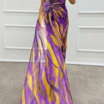 Amazing Views Watercolor Print Feather Rose Detail Off Shoulder Pleated Slit Maxi Dress