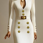 Long Sleeves Puff Sleeves Buttoned Solid Color Deep V-Neck Midi Dresses