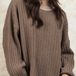 Smoke Gray Ribbed Contrast Neckline Drop Sleeve Sweater