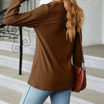 Solid Color V-Neck Buttoned Jacquard Loose-Fitting Long-Sleeved T-Shirt Top
