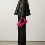 A-line Long Sleeves Big Hemline Solid Color Stand Collar Leather Top