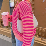 Pink Striped Buttoned V Neck Drop Shoulder Cardigan