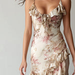 Elegant Floral Ruffled High-Low Hem Satin Slip Dress
