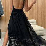 Gloria Embroidery Flowers Elastic Waist Halter Backless Slit Maxi Dress