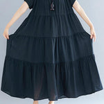 Vintage Loose Split-Joint Pleated Short Sleeves Round-Neck Midi Dress