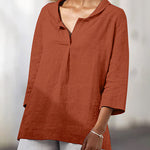 Nadorine Lapel Neck Loose Fit V-Neck Tops Summer Casual 3/4 Sleeve Asymmetrical Hem Blouse