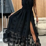 Gloria Embroidery Flowers Elastic Waist Halter Backless Slit Maxi Dress