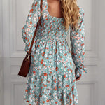 Ribbed Long Sleeve Chiffon Dress Crewneck Elegant Batwing Bohemian Floral Printed Dress