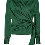 Satin Solid Color V-neck Tie Up Long Sleeve Loose Shirt