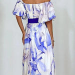 Floral Print Elegant Puff Sleeve Tie-Waist Midi Dress
