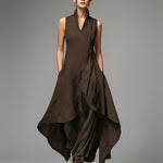 Women's Dark Brown Linen Dress  With High-Low Hem & Side Pockets, Timeless Avant-Garde-Casual Style Dress