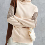 Nadorine Color Stitching Pullover Wool Long Sleeve Loose Turtleneck Knit Sweater