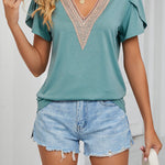 Gold Lace V Neck Tile Short Sleeve Solid Color T-Shirt Top