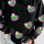 Black Mardi Gras Heart Print Crew Neck Sweatshirt