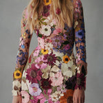 Elegantly Enchanted Floral Applique Backless Long Sleeve Mini Dress